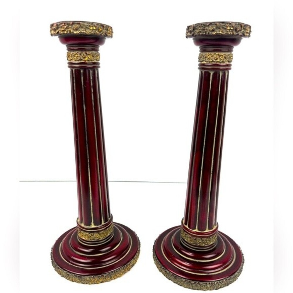 Set of 2 Burgundy and Gold Wooden Candle Holders with Floral Design